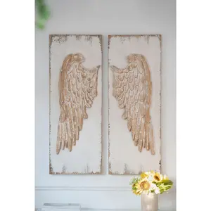 Set of 2 Feather Wing Wall Panels with Distressed White Finish, Rectangle Hanging Wall Art, 42" x 15.5"