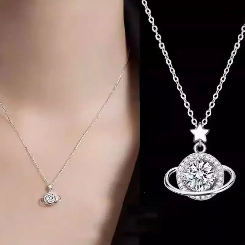 “Stainless Steel Planet Necklace for Women – Dazzling 5A Zircon Pendant, Hypoallergenic, Adjustable 16-20in Chain, Perfect Gift Jewelry”