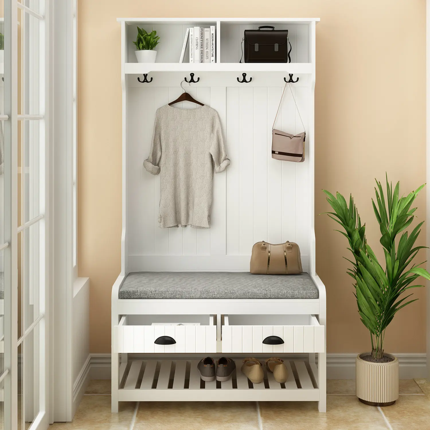FUFU&GAGA 34'' Wide Wood Hall Tree - Sturdy Apartment Furniture, Modern Credenza Accent Storage Cabinet, Entryway Hanger with Bench, Shoe Storage & Drawers, Modern Credenza Cabinet