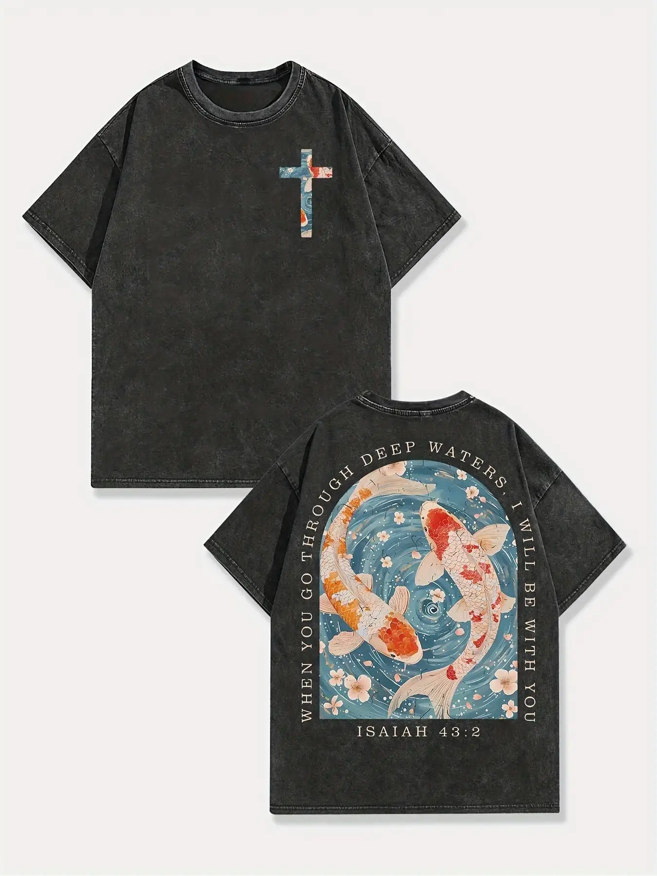 Unisex "Isaiah 43:2 Koi Fish" Vintage Christian T-Shirt Eastern Fusion Deep Waters Design Oversized Mineral Wash Soft Cotton Short Sleeve Crew Neck Top Faith Streetwear Tee