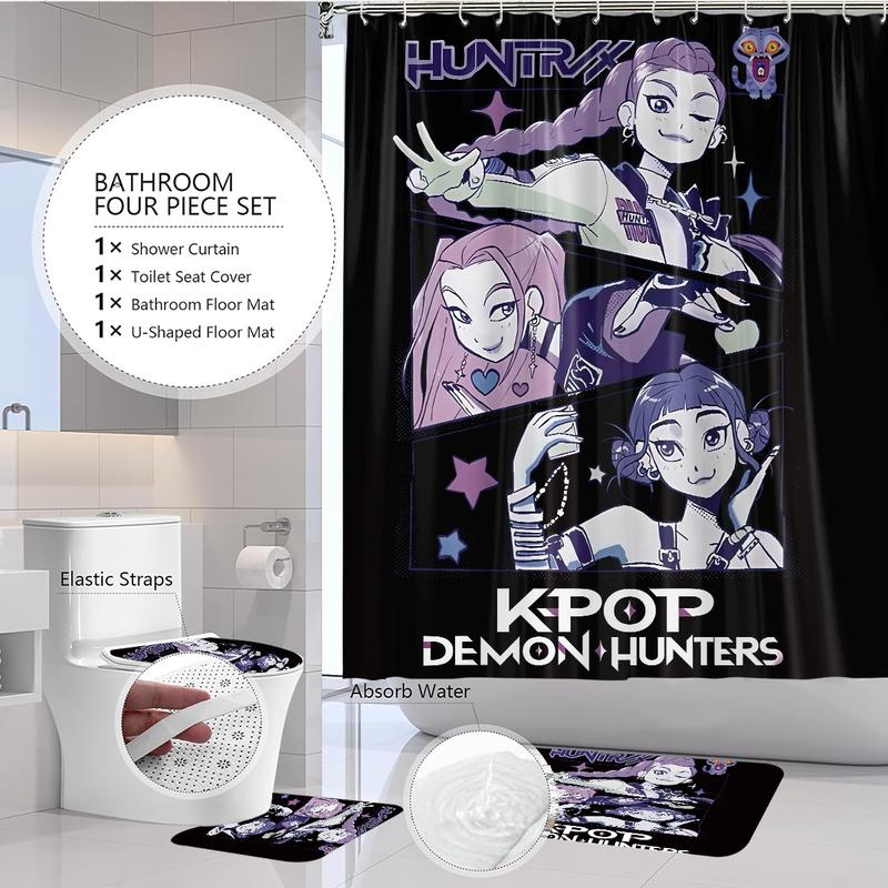 4pcs K-POP Demon Hunters Bathroom Set, Shower Curtain Sets, Shower Curtain with Hooks, Non-Slip Bath Rug, U-Shaped Toilet Mat, Toilet Lid Cover, Bathroom Decoration Accessories
