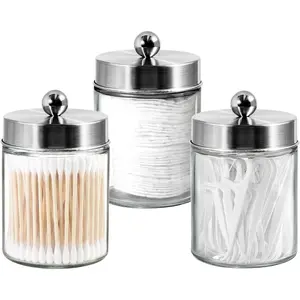 3PC Apothecary Jar Canisters Bathroom Vanity Organizer Qtip Holder Storage Countertop with Stainless Steel Lids & Cute Stickers for Qtips Cotton Swabs Makeup Sponges Floss Brushed Nickel