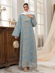 Women's Plants Embroidery Long Sleeve Dress, Elegant Casual Dress for Daily Wear, Ladies Islamic Clothing, Muslim Dress for All Seasons