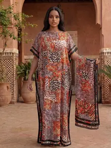 Women's Leopard Print Robe Set, Matching Casual Long Dress & Headscarf, Beach Sun Protection Satin Scarf, All Seasons Fashion