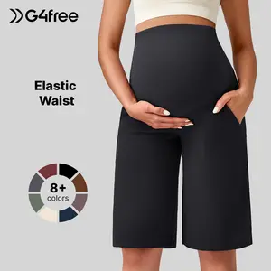 G4Free Maternity Athletic Shorts with Pockets Over The Belly Stretchy Workout Pants Pregnancy Wide Leg Bermuda Casual