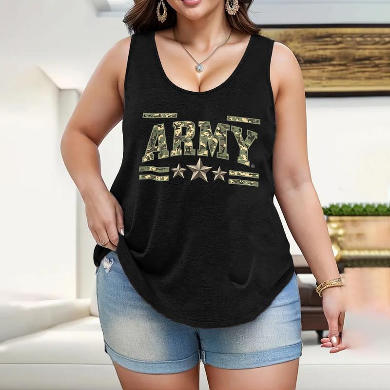 Plus Size Women'S Casual Crew Neck Tank Top with Army Camo Star Patch Print, Sleeveless Knit Fabric Vest, Medium Stretch, Casual Summer & Spring Clothing