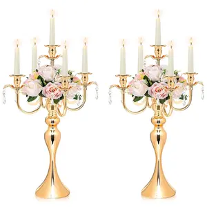 5-Arm Gold Candelabra20.3'' Tall,  Metal & Crystal Candle Holder, Retro Candlestick for Wedding, Bridal Shower, Party, Christmas & Home Table Decor