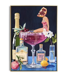 Pomegranate Cocktail Retro Bar Poster - Vintage French 75 Martini Wall Art for Home Kitchen Decor