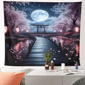 1pc Aesthetic Cherry Blossom Night Bridge Tapestry, Romantic Zen Nature Style for Studio Home Office Apartment Art Mural Ceiling Decor, Soft Fabric Material.