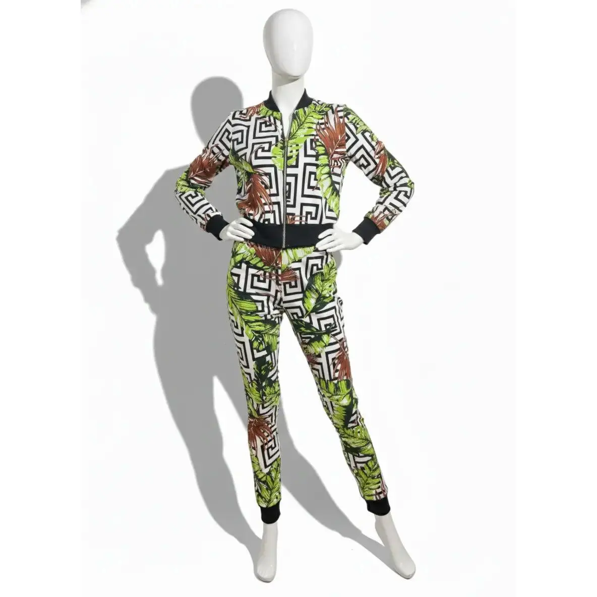 Monochrome Geo Tropical Tracksuit Set | Bomber Jacket & Joggers