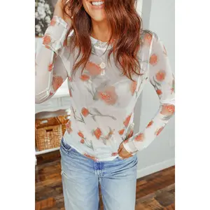 Casual Round Neck Floral Print Mesh Long Sleeve Top