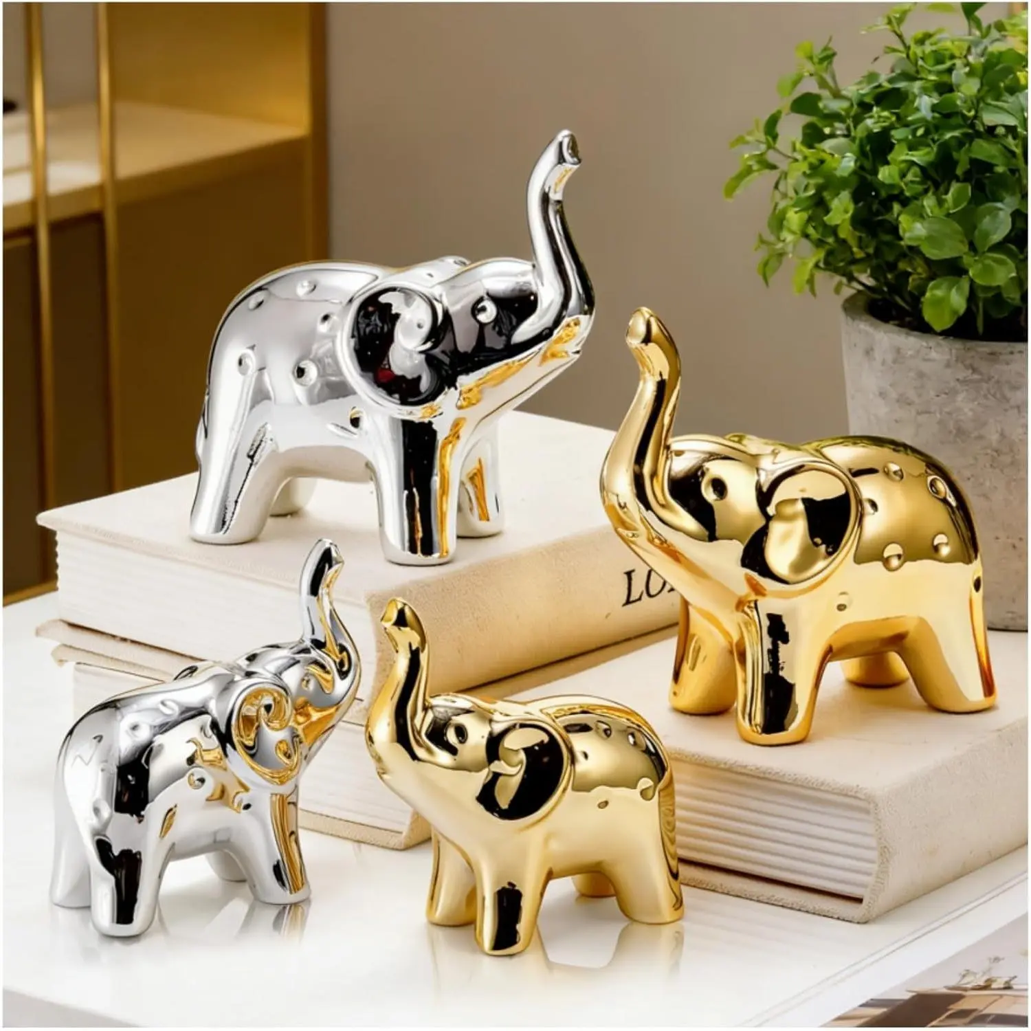 4 count Elephant Statue  Decor, Modern Style Ceramic Elephants Figurine, Cute Christmas Lucky  Sculpture  for Living Room Bookshelf Desktop Office ( & )