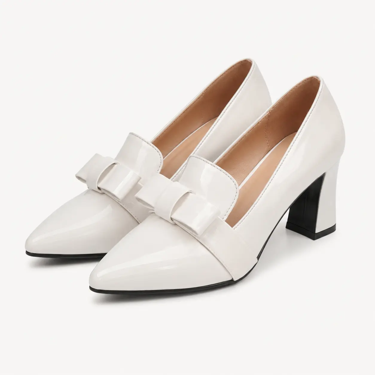 GeeYea women’s White Bow Pumps, Pointed Toe Chunky Heel Dress Shoes, Glossy PU Leather High Heels, 7.5cm for Work, Weddings & Date Night