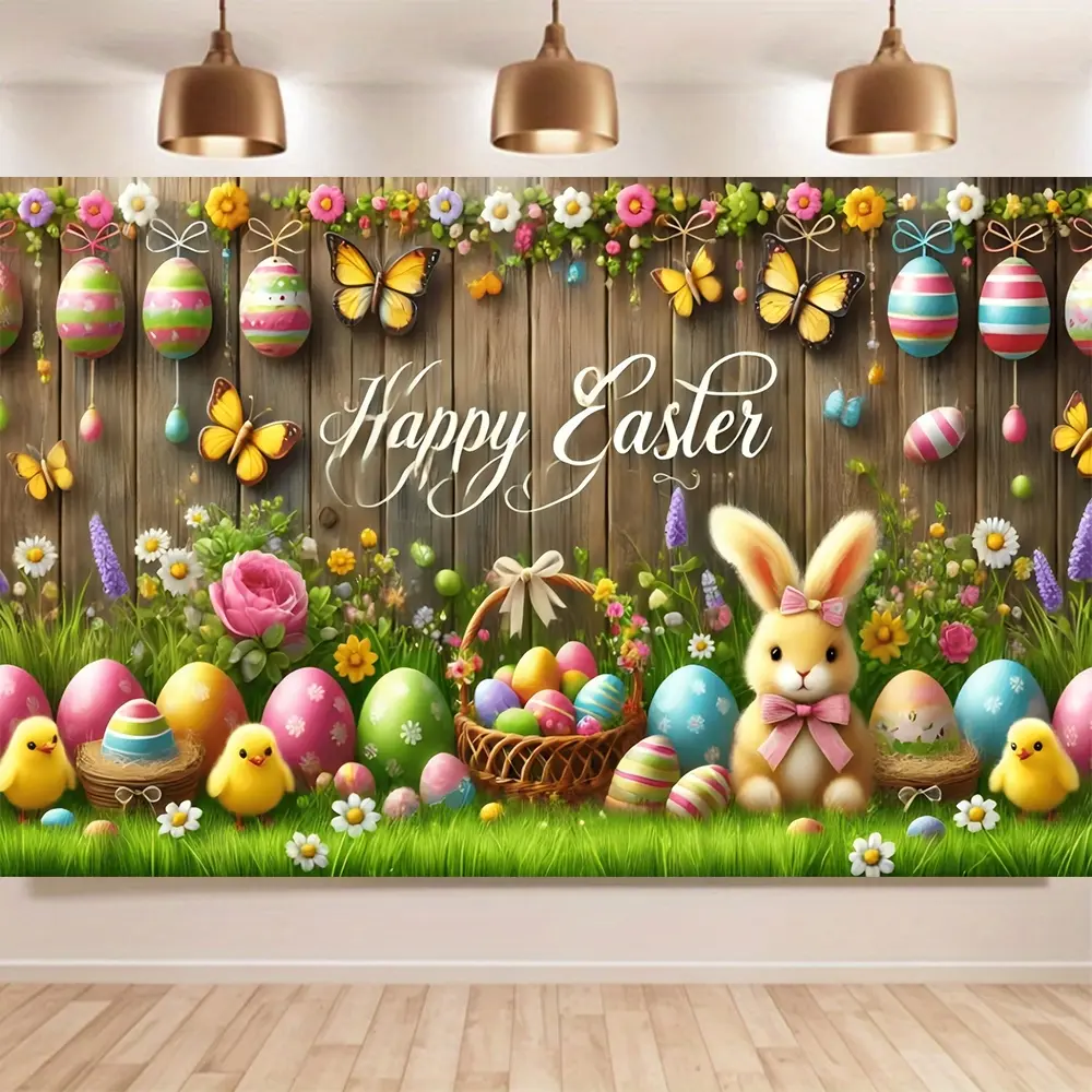 Joyful Easter Banner Photography Background, Colorful Eggs Festival Design, Indoor Outdoor Party Decoration Prop, Studio Backdrop