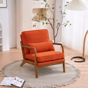 VINGLI Accent Chair Mid-Century Modern Chair with Pillow Linen Fabric Upholstered Lounge Arm Chair with Solid Wood Frame & Soft Cushion for Living Room, Bedroom, Balcony