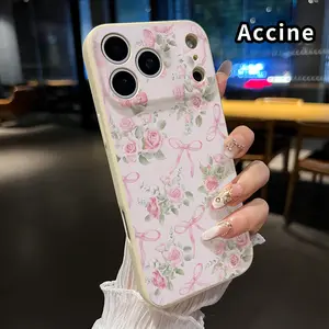 Straight Edge Phone Case for iPhone 17 16 Pro Max 15 Plus 14 13 12 11 Air XR E XS Rose Bow Dream Pattern Shockproof Silicone TPU Bumper Drop Protection Soft Cover