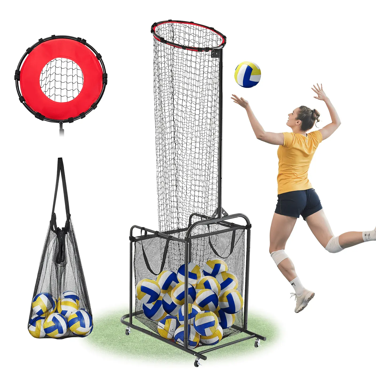 6.3-10.8FT Adjustable Volleyball Setter Training Equipment, Portable Practice Target Net with Rolling Cart & Lockable Wheels, Gravity Ball Collection Mesh Bag, 22LBS Lightweight Training Kit for Indoor Outdoor Serving Spiking Setting