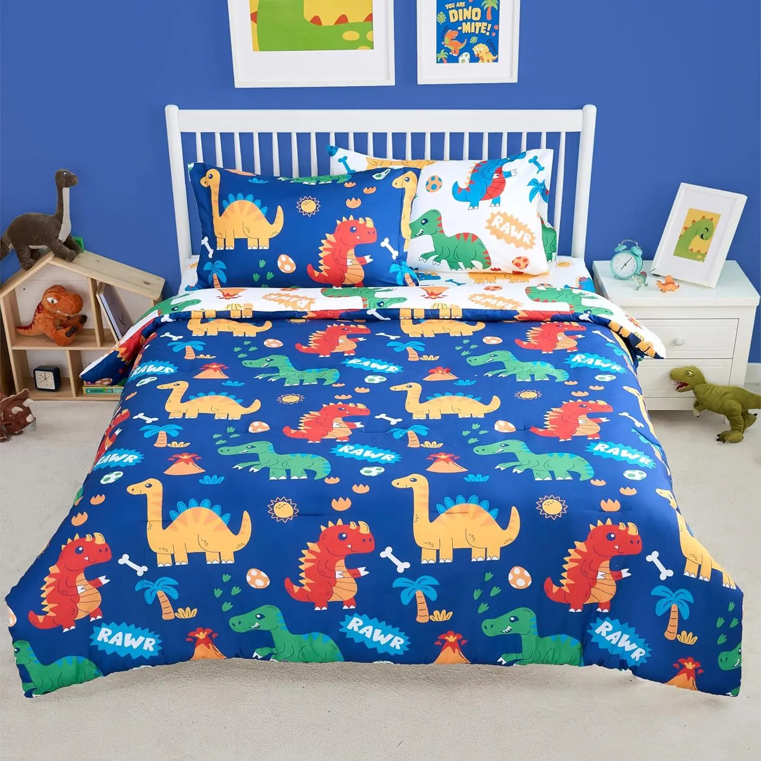 Comforter Set - 5 count Cute Dinosaur Bedding Set for Boys/Girls - Super Soft Microfiber Bed in a Bag with Comforter, Sheets, Pillowcase & Sham