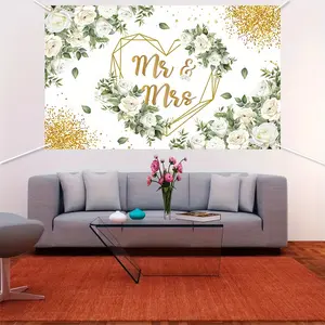 2D Flat Banner 1pc, Mr. and Mrs.'s wedding background flag,  white floral background banner, engagement bride gift party, wedding theme party decoration background banner, home, indoor and outdoor decoration items, Floral Design High