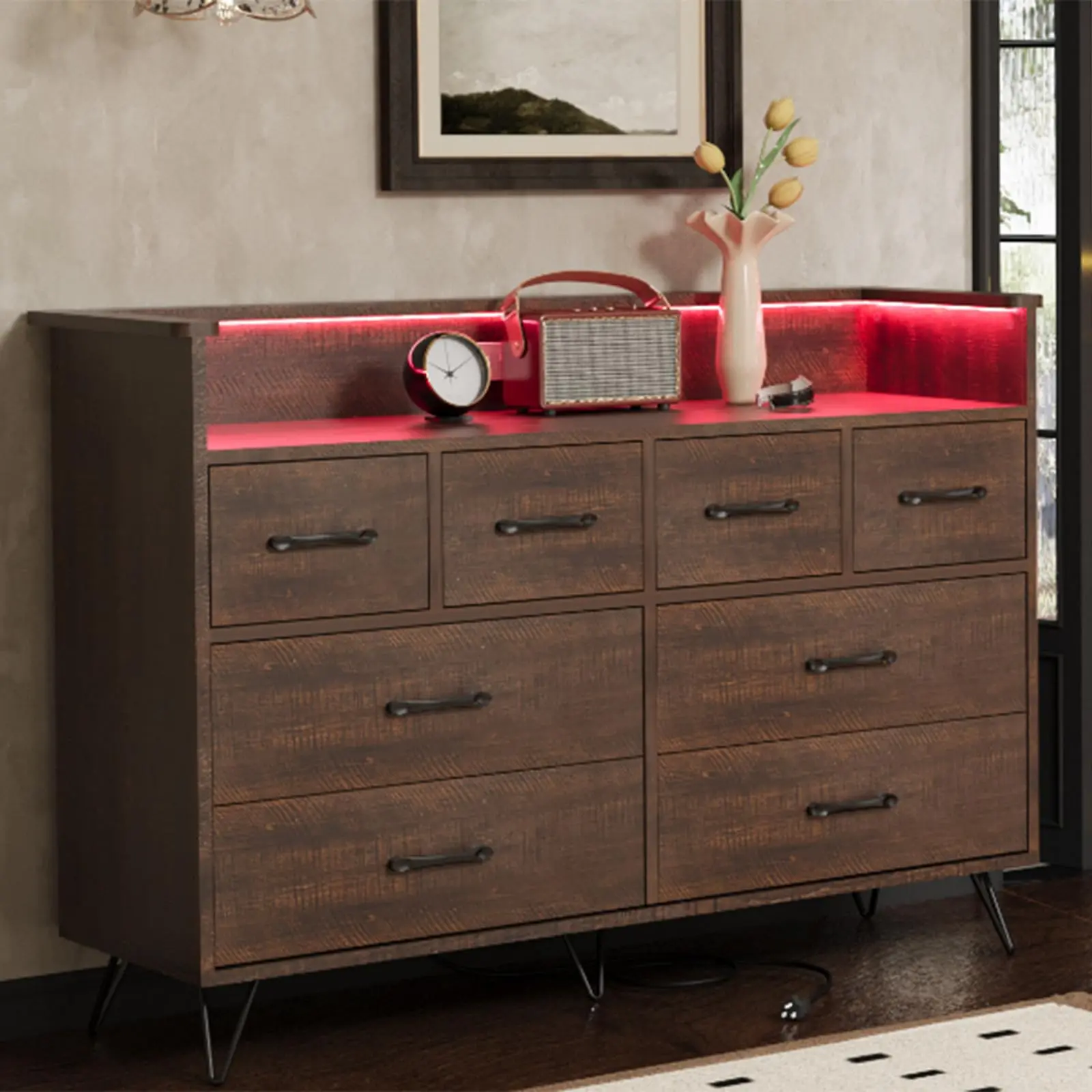 GARVEE Bedroom Dresser with LED Light & Charging Station, 8 Drawers, Vintage Design for Living Room, Entryway, Hallway, Available in Dark Brown & Rustic Brown Finishes