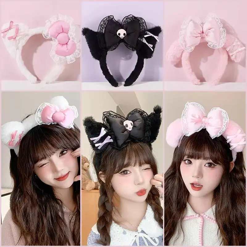 San Lace Puffy Headband - Cute Cartoon Kitty Bunny Headband with Fluffy Rabbit Ears, Plush Bow, Lolita Hair Accessory for Girls