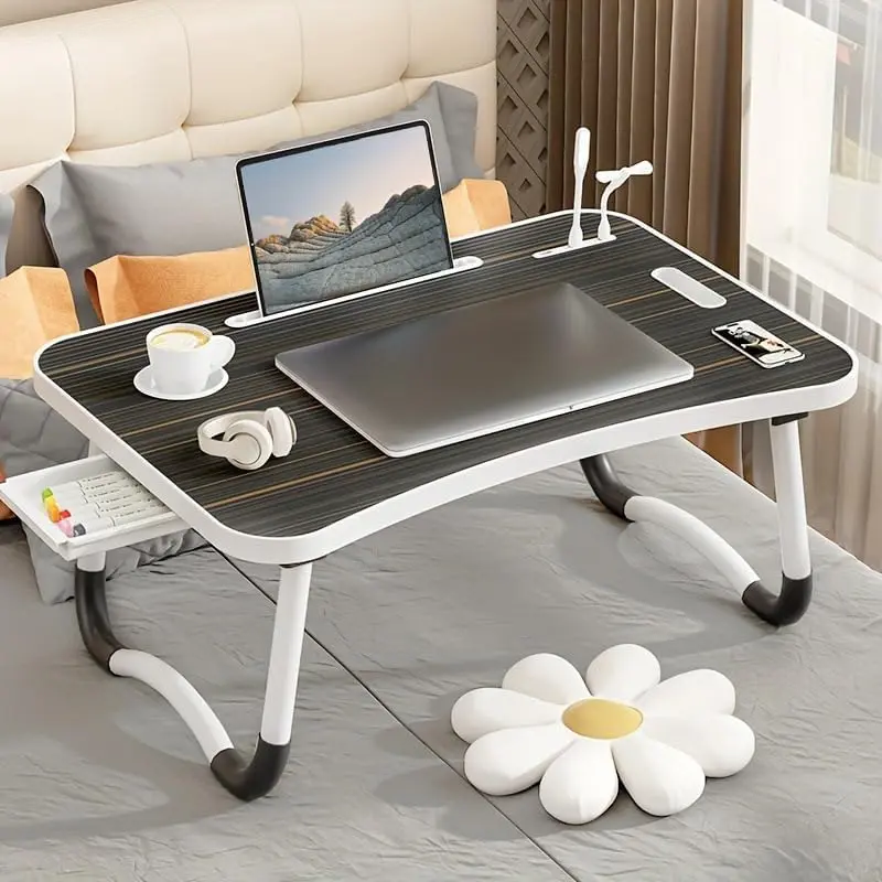 Foldable Portable Laptop Bed Table (25.5x17.32x11.8in) - Sturdy Computer Desk with 4 USB Charging Station Ports, Storage Drawer, Cup Holder, Ergonomic Keyboard Tray - Ideal for Eating, Watch Party
