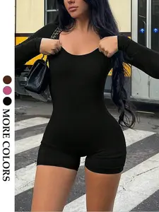 Women's Round Neck Slim Fit Solid Jumpsuit, Soft and Elastic Fabric, Sexy Style, Casual, Long Sleeve, All Seasons, Everyday, Perfect for Daily Wear