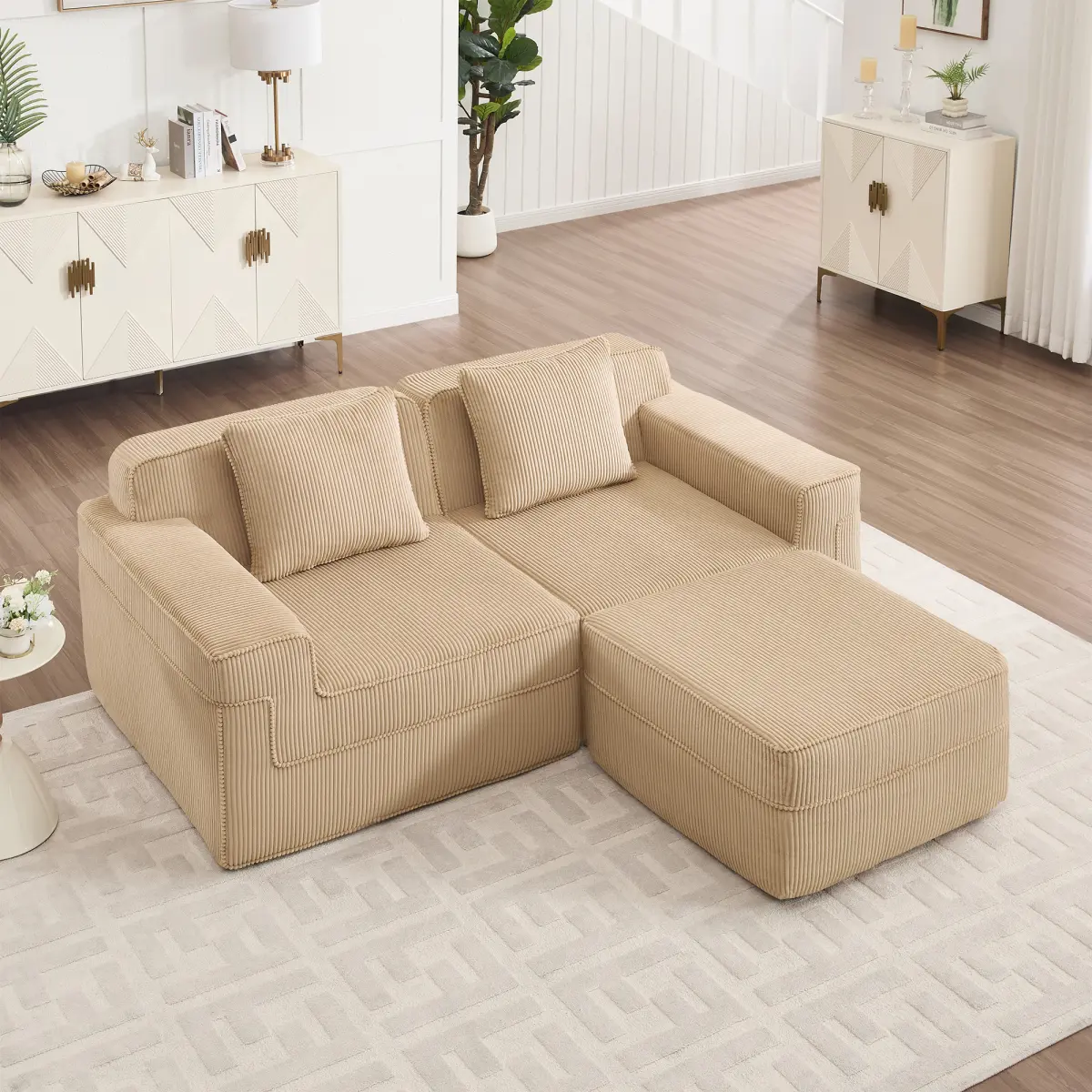 Modular 2 Seat L Shape Sectional Boneless Sofa Couch, Cloud Sectional Couch with Deep Seat, Modern Modular 2-Seat Sofa Couch with Throw Pillows and 1 Movable Ottoman, Corduroy Fabric Camel