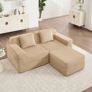 Modular 2 Seat L Shape Sectional Boneless Sofa Couch, Cloud Sectional Couch with Deep Seat, Modern Modular 2-Seat Sofa Couch with Throw Pillows and 1 Movable Ottoman, Corduroy Fabric Camel