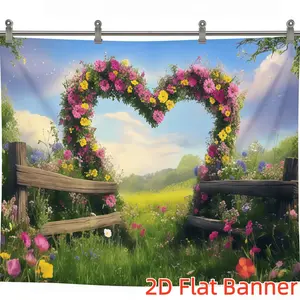 1PC,2D Flat Customize Backdrop Romantic Heart - Shaped Flower Arch Backdrop, Field Grassland Decorative Backdrop, Festival Party Wedding Photography Background Curtain, Pastoral Flower Fence Scene Dec