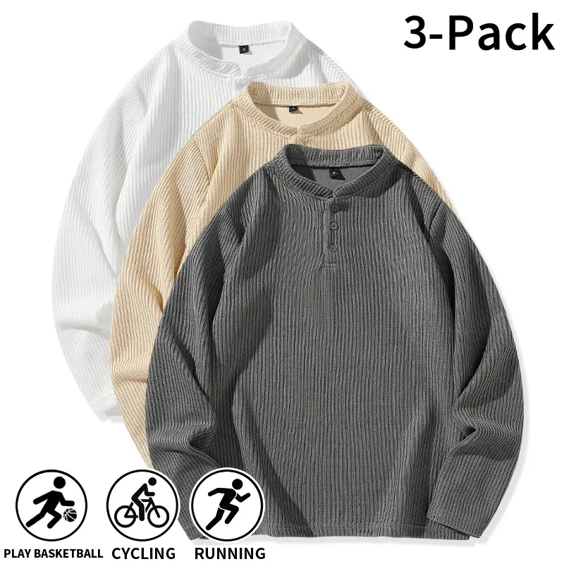 Three-Piece Set Men’s Solid-Color Henley-Collar Vertical-Rib Pullover Sweaters for Autumn and Winter, Suitable for Outdoor Sports, Jogging, Daily Layered Outfits, and Commuter Wear