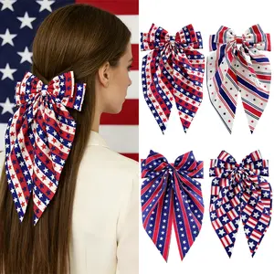4th of July Patriotic Hair Accessories for Women, 4Pcs American Flag Stars & Stripes Long Tail Satin Bow Hair Clips, Large Bow Barrettes with Long Ribbon for Independence Day, Parades, Holiday Parties, Festival Costume and Daily Wear