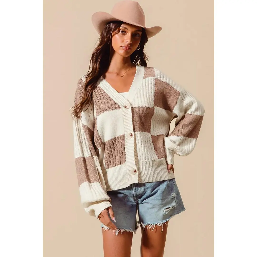 SO ME Checkered Button Front Ribbed Sweater Cardigan