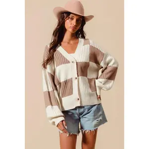 SO ME Checkered Button Front Ribbed Sweater Cardigan
