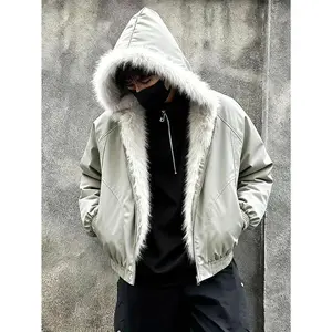 Men's Fur-Like Collar Full-Zip Hooded Jacket - Winter Warm Filled, Beige/Black Outdoor/Streetwear/Casual Cold-Weather Coat