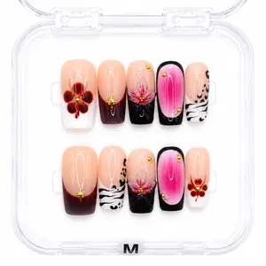 Pink Zebra — Zebra Print Coffin Press-On Nails, Burgundy Fade & Flower