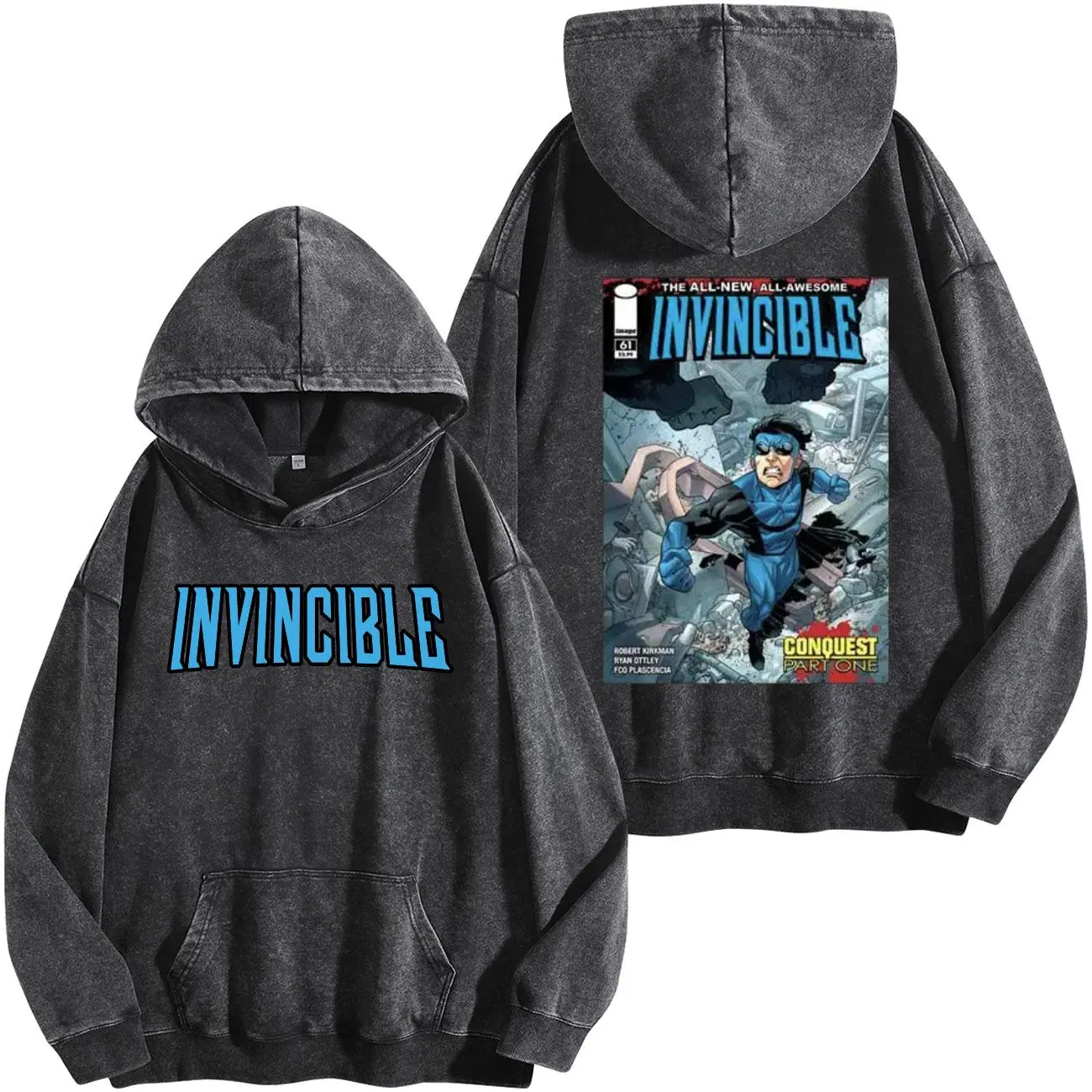 Invincible Comic Washed Hoodie, Comics Sweatshirt, TV Show Comics Shirt Menswear Top Vintage Washed T-Shirts, Trending Comic Tshirt Casual