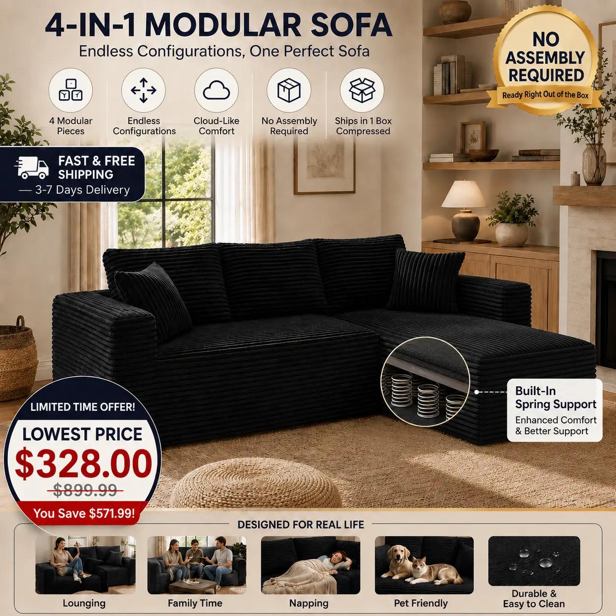 [2Packages Shiping] Space-Saving 4-in-1 Cloud Sofa Set – Modular Sectional Couch with Chaise + Arm  + Ottoman + Center  for Apartments