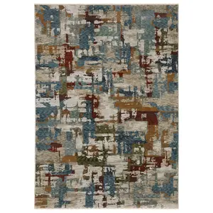 HomeRoots 8 x 11 ft. Beige, Rust & Teal Abstract Distressed Fringed Rectangle Area Rug - Abstract Area Rugs, Modern Design, Modern Area Rug