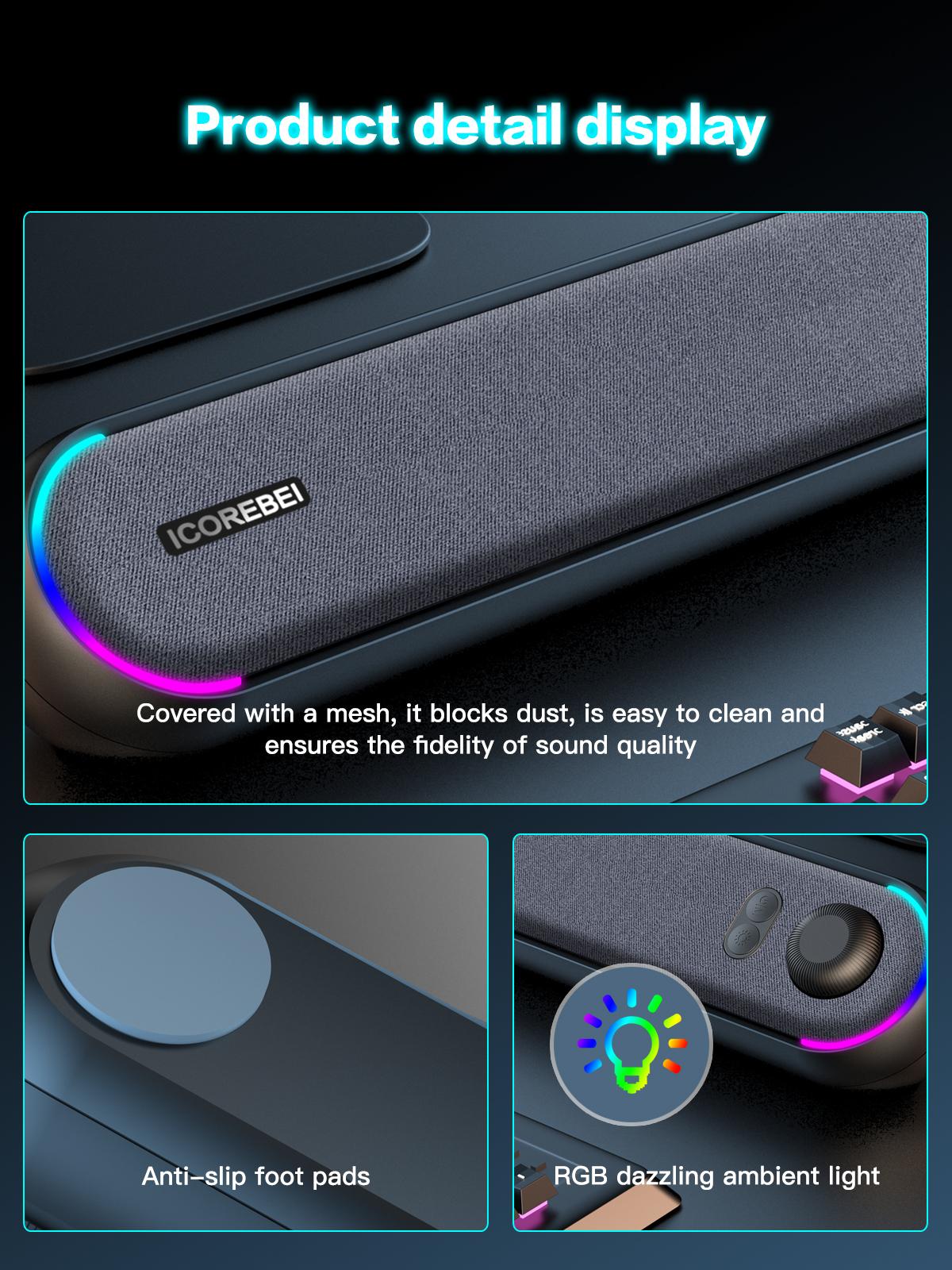 ICOREBEI Desktop Computer Speaker/Soundbar, compatible with Mac, desktop, laptop, tablet, monitor, and PC, plug and play, USB to USB-C power supply and audio transmission; Bluetooth 5.3, RGB lighting, wired gaming speaker.