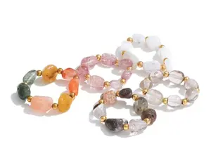 R51- Stainless Steel Adjustable Elastic Ring Strawberry Quartz Moonstone!