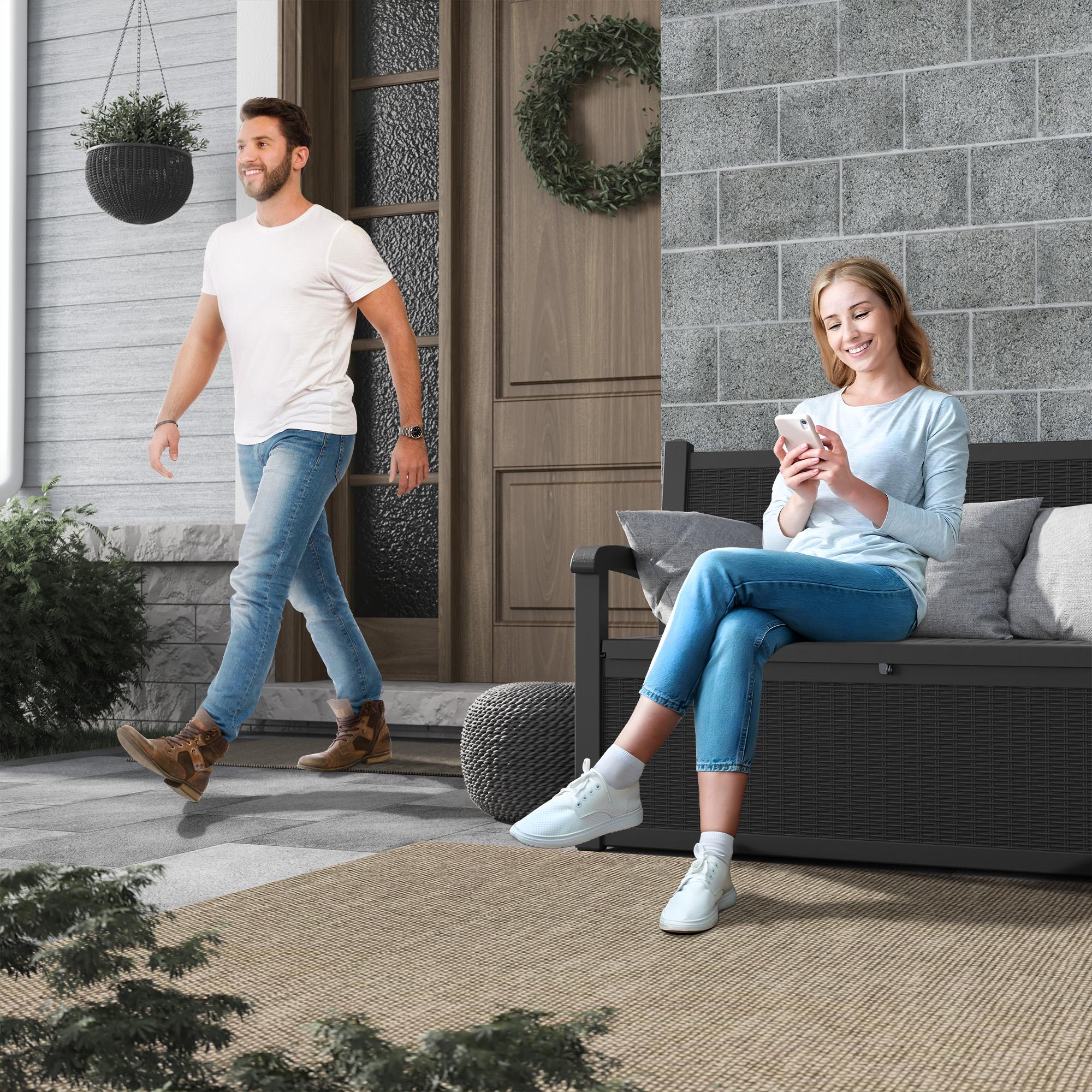 RIWENGO 70 Gallon Storage Bench Deck Box with Armrest for Patio Furniture Outdoor Storage Water Resistant Durable Secure Locking System