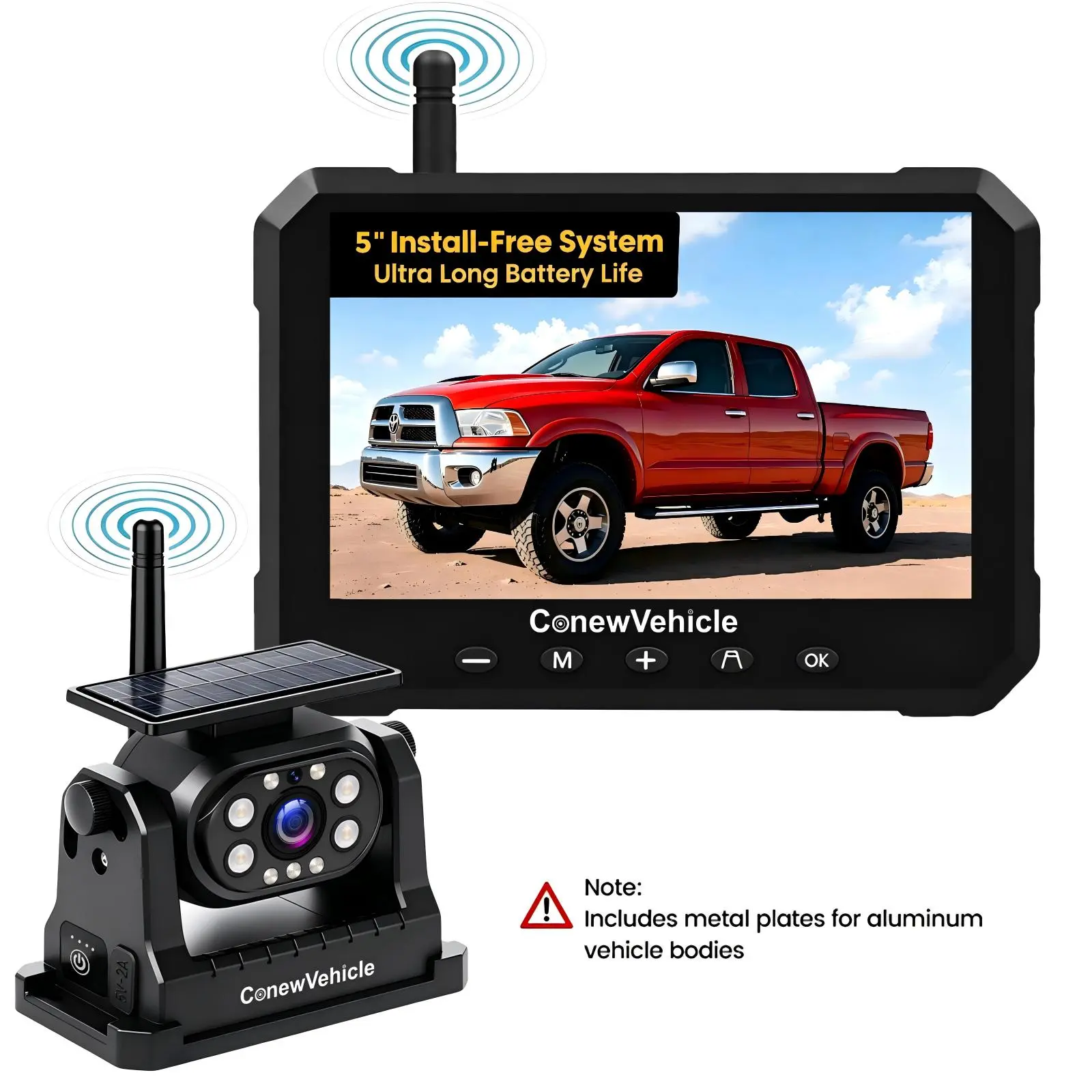 1080P HD Wireless Backup Camera-1 Minute Magnetic Easy Install,No Wiring 5" Anti-Glare Monitor, Clear Night Vision, Solar 24H Long Life, Scratch-Proof Rear View Camera for Truck, Trailer, Small RV