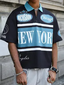 Novo Style  Men's Letter & Floral Print Patchwork Collar Fashion Polo Shirt, Summer Tops Cropped Cropped Tops Men's Graphic Cropped