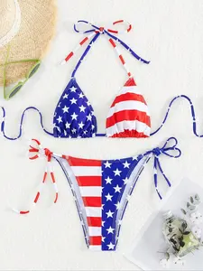 American Flag Print Triangle Bikini Swimsuit, Sexy Fitted Design, Thin Fabric, Perfect for Summer Beach, Women's Swimwear, Beach Bikinis, Age 35-44