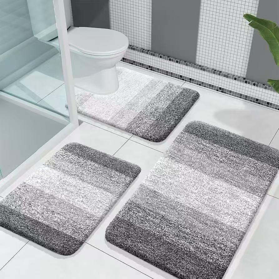 3PCS Soft Gradient Cashmere-like Bathroom Mat Set, Ultra-fine Fiber Super Water Absorbent Shower Rug, Non-slip U-Shaped Toilet Mat, Quick Dry Machine Washable