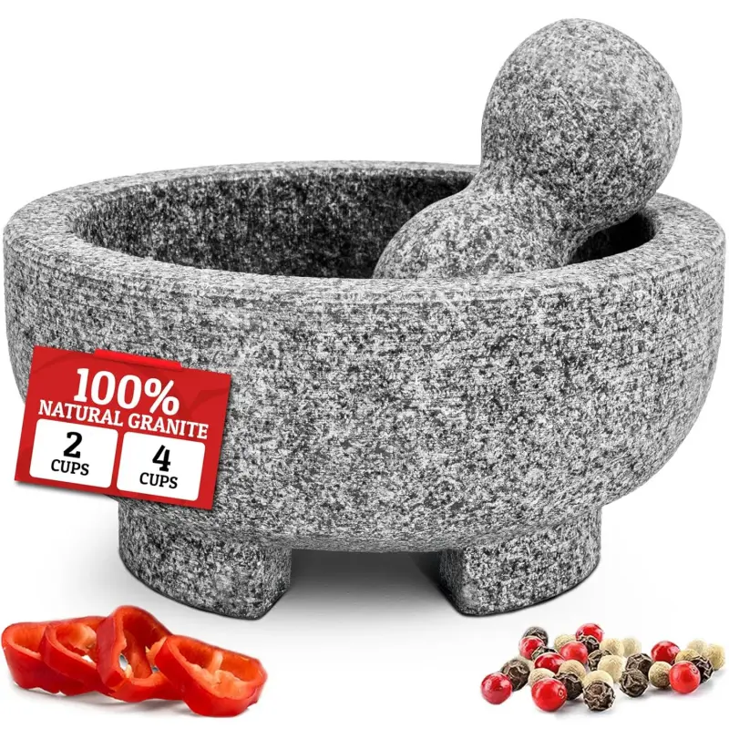 6.1 in Durable Granite Mortar and Pestle Set - 2-Cup Grey Stone Molcajete Mexicano Home Kitchen Accessory for Spices, Cooking Prep, Effortless Cleaning