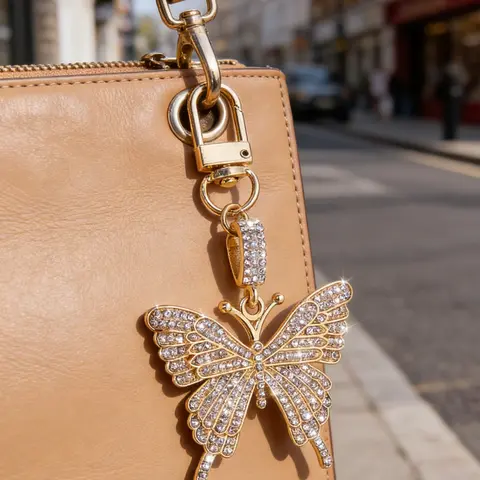 Shine bright this Women's Day! This diamond butterfly sparkly bag charm adds luxury to your bag/keys—perfect gift for her. Charms for bags #WomensDayGift #ButterflyCharm #DiamondAccessory #GiftForHer