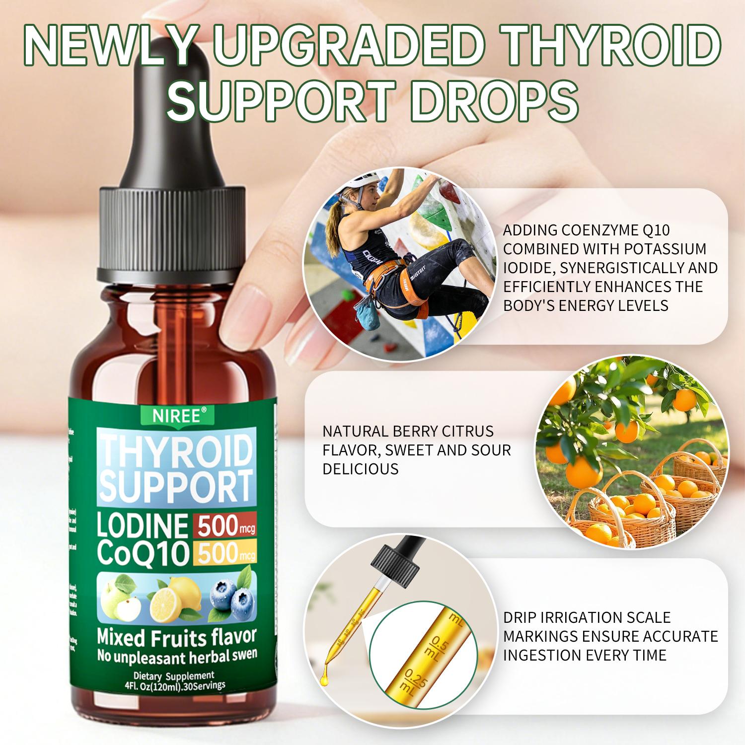 NIREE Thyroid Support Liquid Drops with Iodine 500mcg and CoQ10 500mg, Mixed Fruits Flavor, 4 Fl Oz, 30 Servings