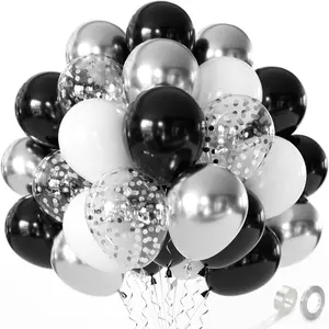 Black and  Balloons - 60 count 12" Black and White Balloons with Metallic  Confetti Balloons Birthday   Wedding Graduation Party Decorations